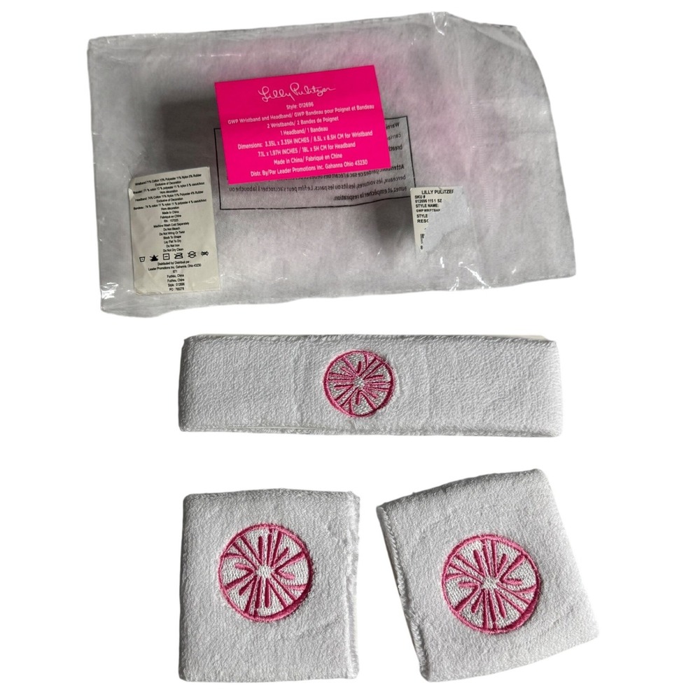 Lilly Pulitzer Activewear Headband Wristband Set White Pink Citrus NEW
